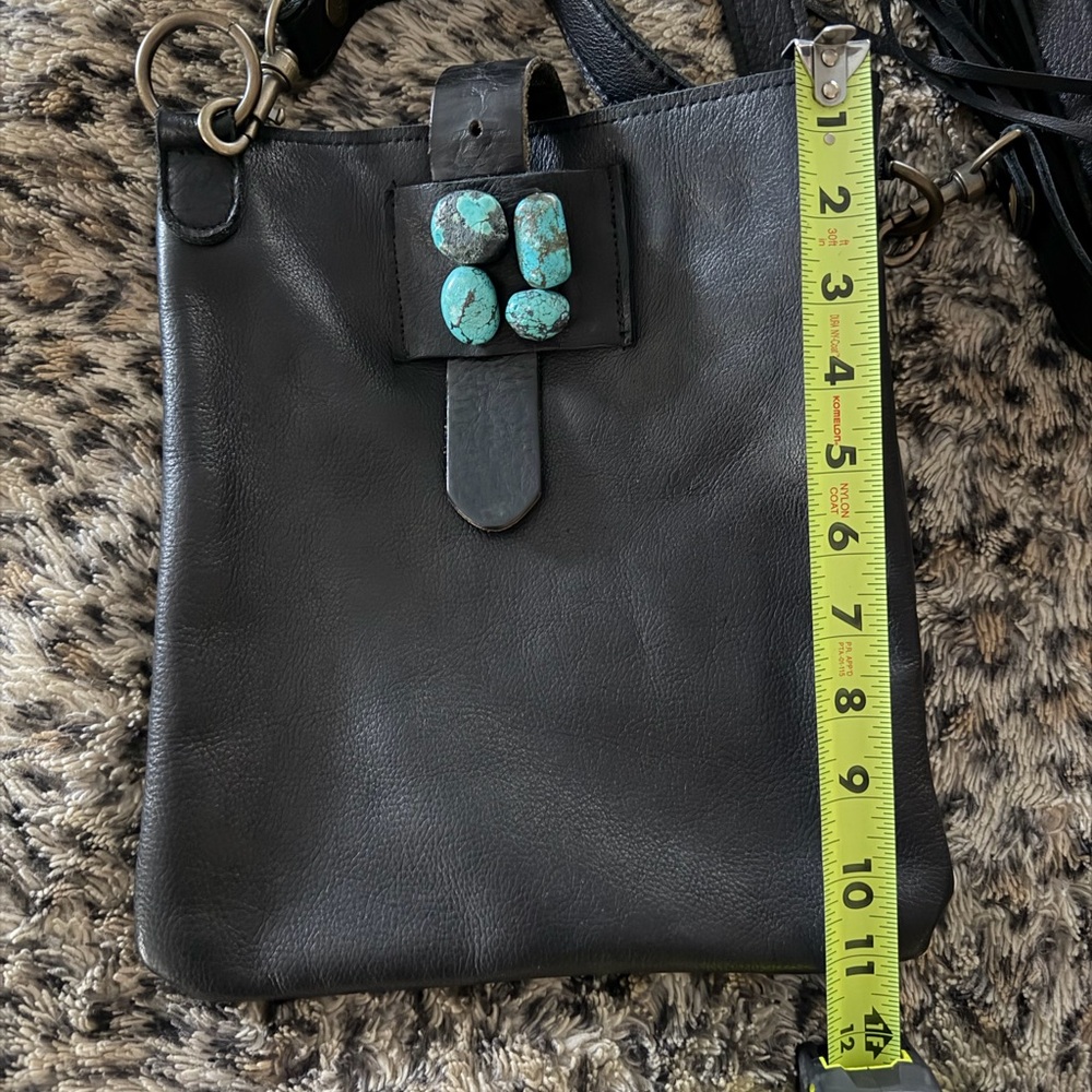 Two Bar West Black Leather Bag with Turquoise Accents and Fringe Accented Strap - Picture 4 of 8